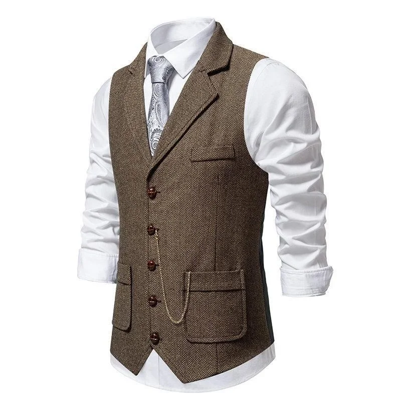 Men\'s Retro Lapel Chain Vest Fashion Herringbone Coarse Tweed Pockets Suit Vest Casual Business Waistcoat Leisure ropa hombre