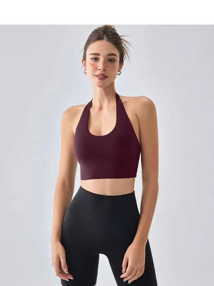 الصلبة اللون عارية الذراعين الرقبة حزام الصدرية للمرأة امتصاص الصدمات تشغيل اليوغا تانك الأعلى مع وسادة الصدر مثير رياضة سترة يوجا رياضية #5