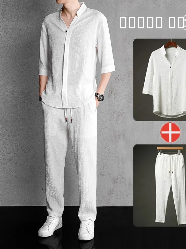 

Cleanfit White Pleated Set Men Summer Thin Seven Sve V-ne T-irt Trendy Casual Sport Two-piece Set Loose Fit Breathable