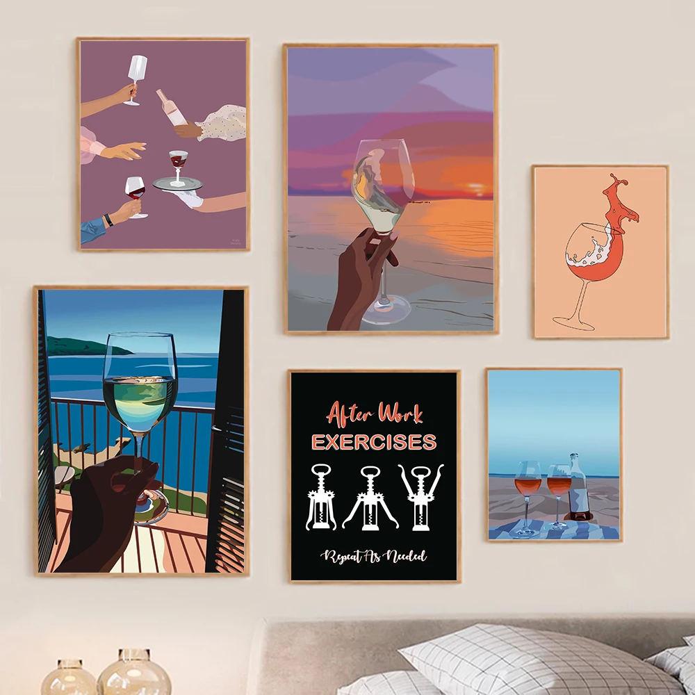 

Summer Wine View Minimalist Langscape Drink Party Beach Romantic Art Poster Print Toast Wall Cavnas Painting Room Home Decor