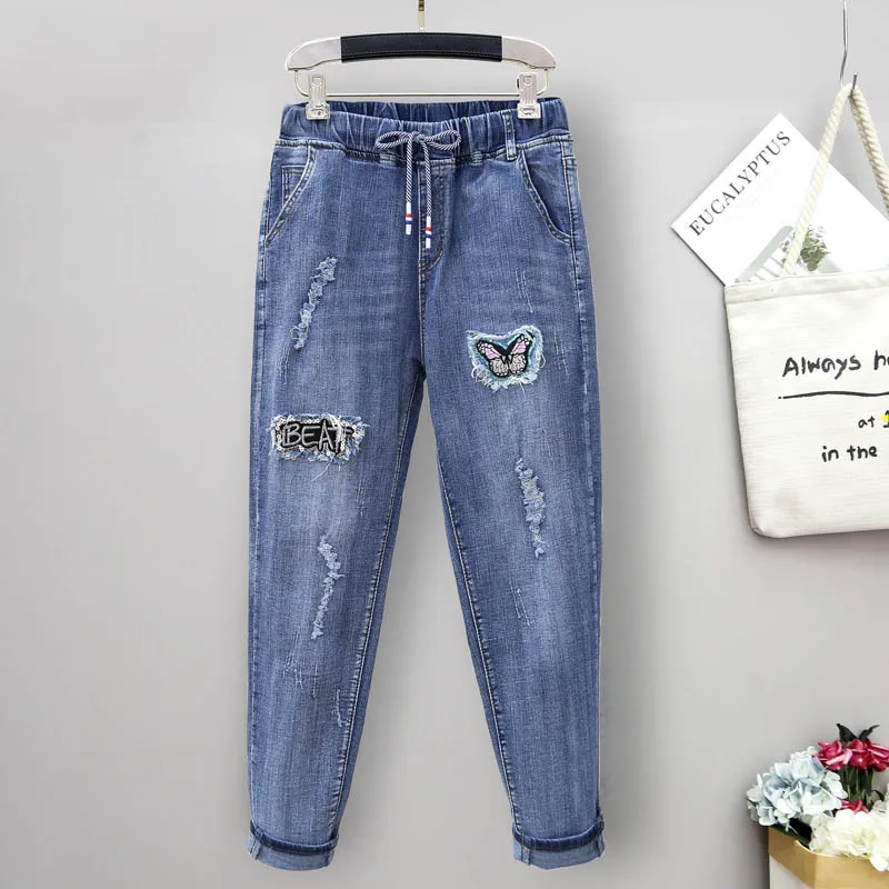 XL-6XL Baggy Jeans Woman High Waist Loose Harem Pants Elastic Cotton Denim Pants Women Denim Jeans Mom Ripped Jeans
