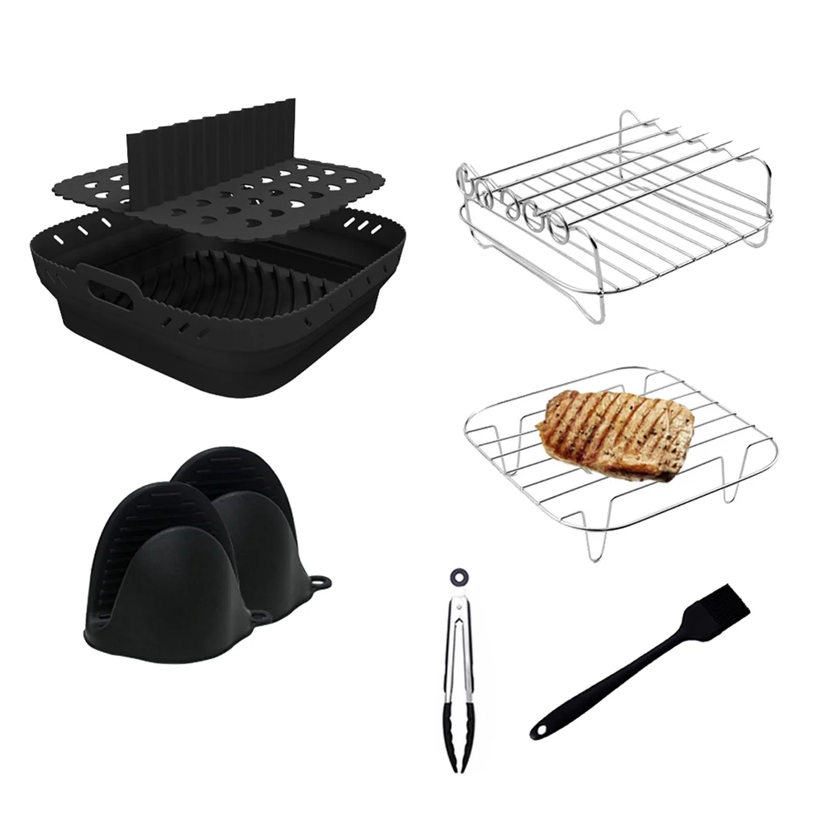 Air Fryer Silicone Shape Basket Tray Set Square Air Fryer Grill Accessories Reusable Air Fryer Mold Black