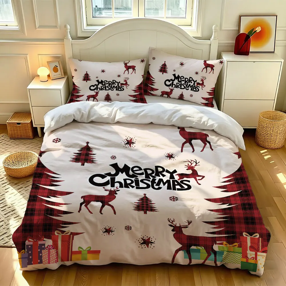 3pcs(1 bedspread + 2 pillowcases) with Merry Christmas red and black plaid Christmas-themed pattern perfect for home decorati