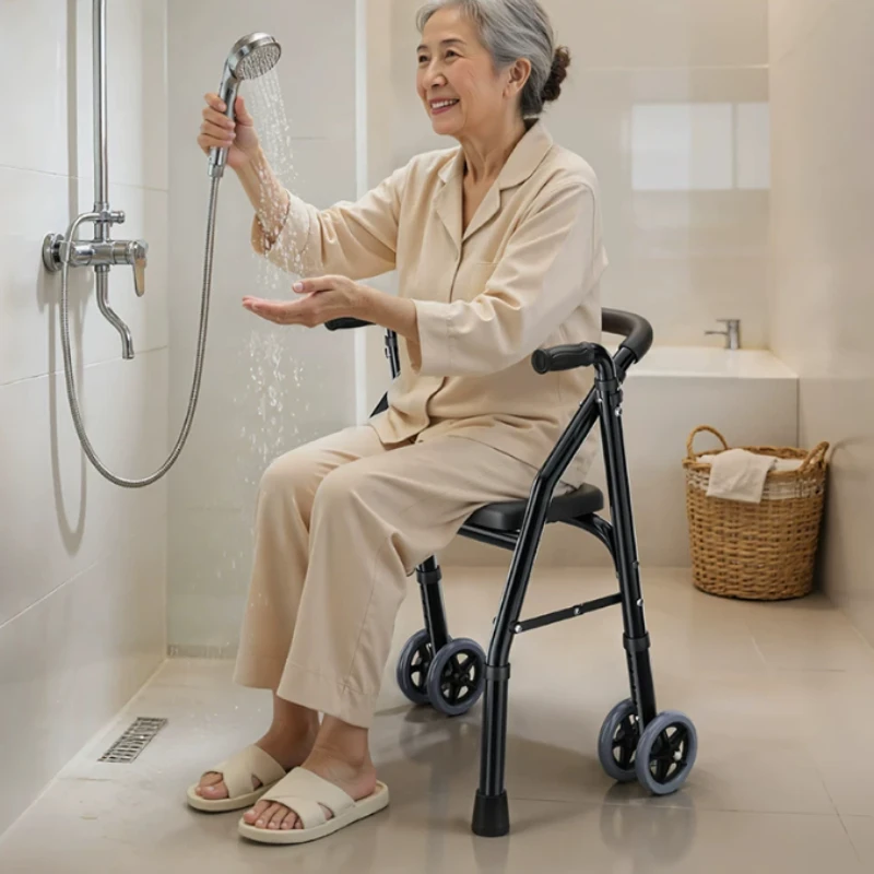 Elderly Walking Stick with Seat Four-legged Walking Rollator Walkers for Elderly Multi-functional Mobility Rehabilitation Walker