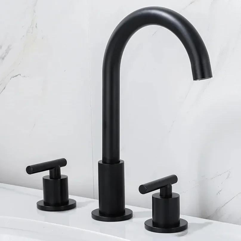 Black Three-Hole Faucet Hot And Cold Water Three-Piece Household All-Copper Three-Hole Split Faucet Basin Bathroom Cabinet