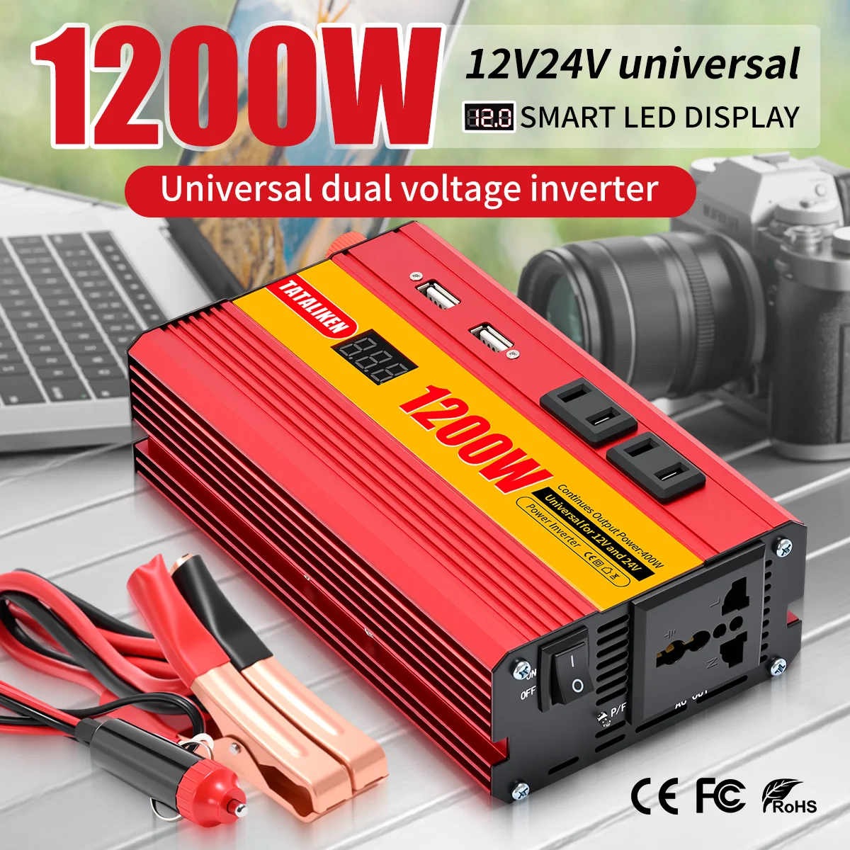 1200W/2000W Modified wave inverter  DC 12V/24V to AC 220V50HZ dual-voltage universal socket