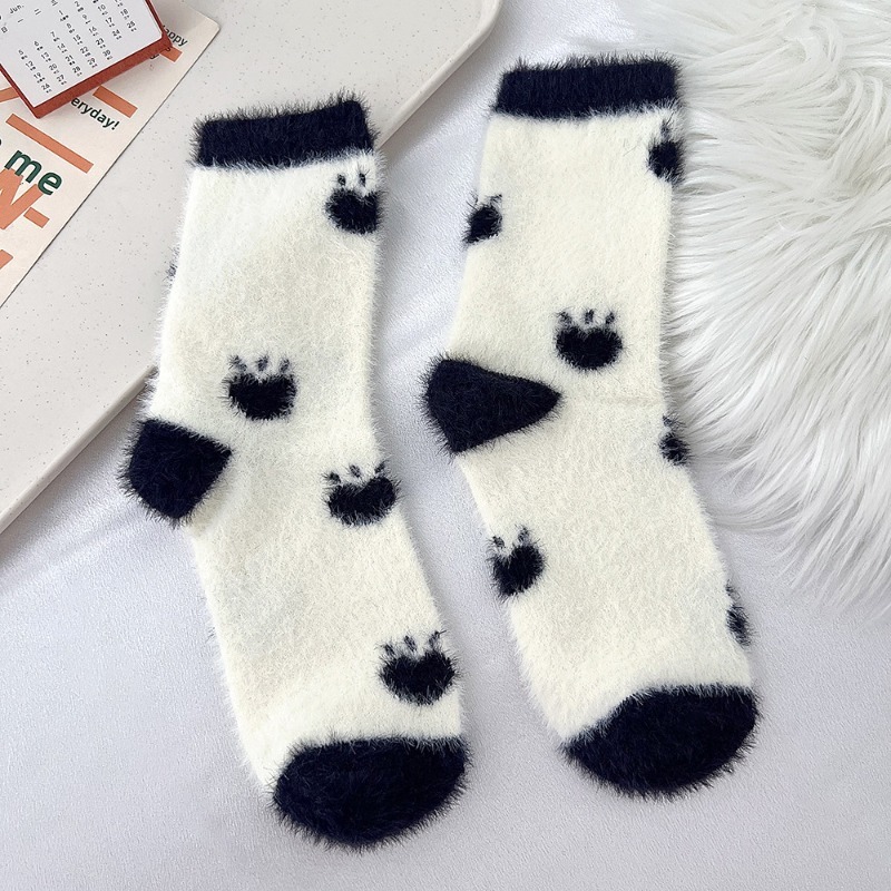  5 Pairs Winter Black and White Cartoon Mink Velvet Sleeping Women's Socks Coral Velvet Warm Home Leisure Comfort Middle Socks 