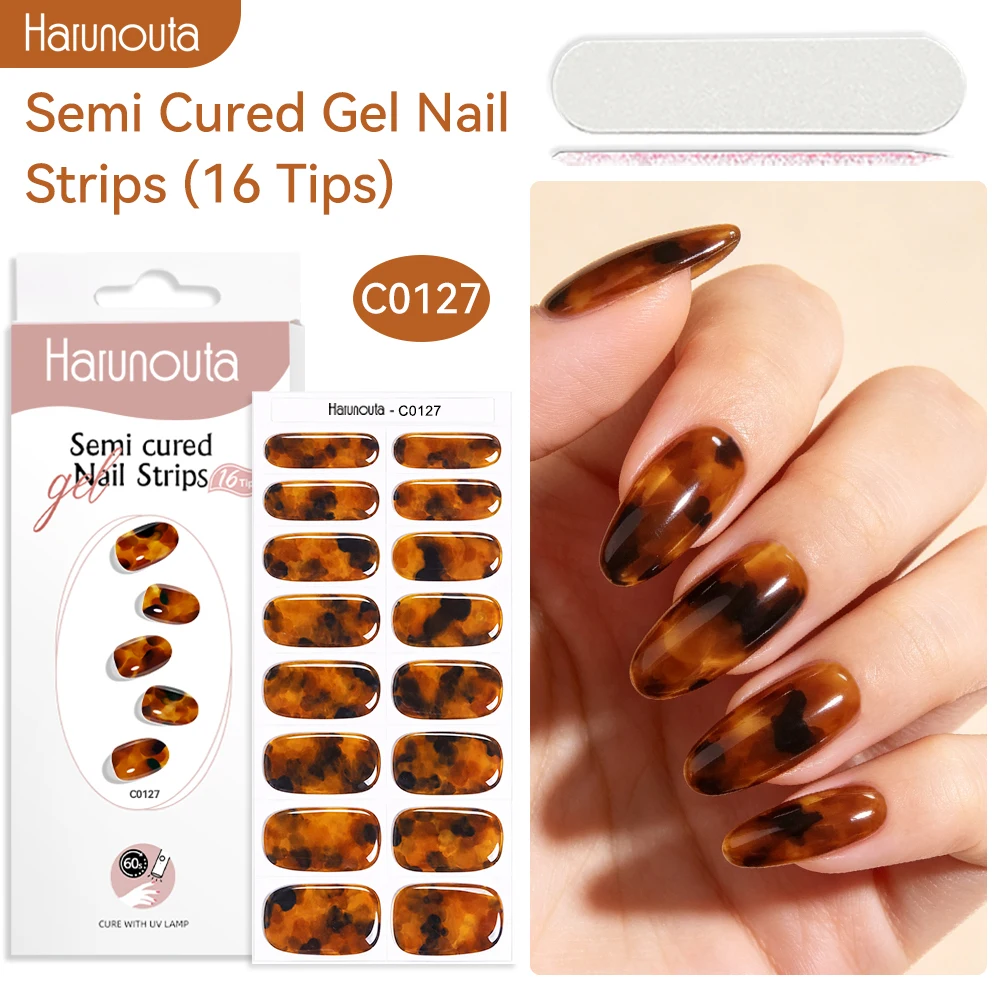 Harunouta 16strips Semi Cured Gel Nail Strips Amber Brown Adhesive Long Lasting Gel Nails Stickers for UV Lamp Need Manicure