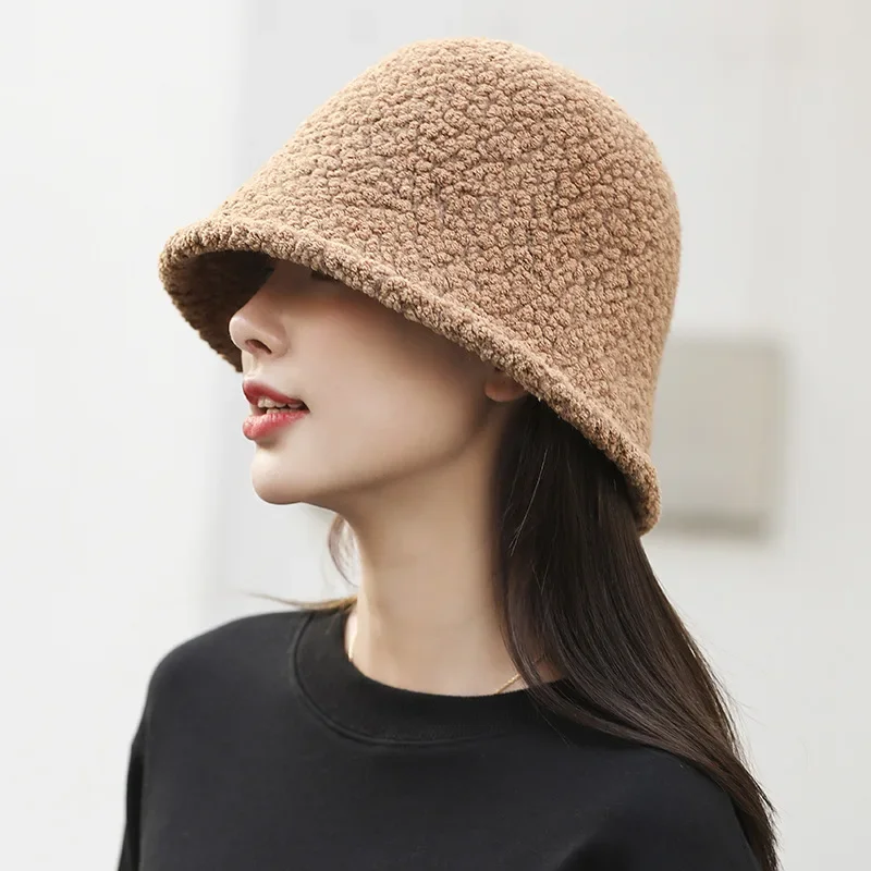 Autumn and winter lamb wool fisherman female Korean version fashion Japanese face covering bucket literary big brim basin hat