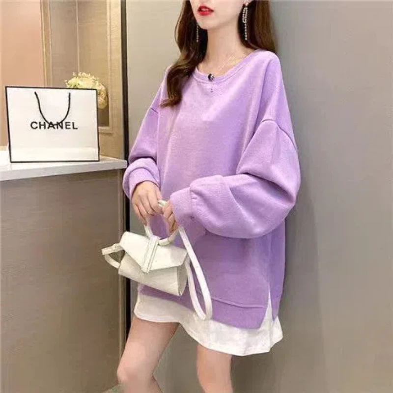 Women Clothing Fake Two Piece Loose Pullovers Top Spring Autumn New Long Sleeve Contrast Street Casual Hoodies Fashion Trend