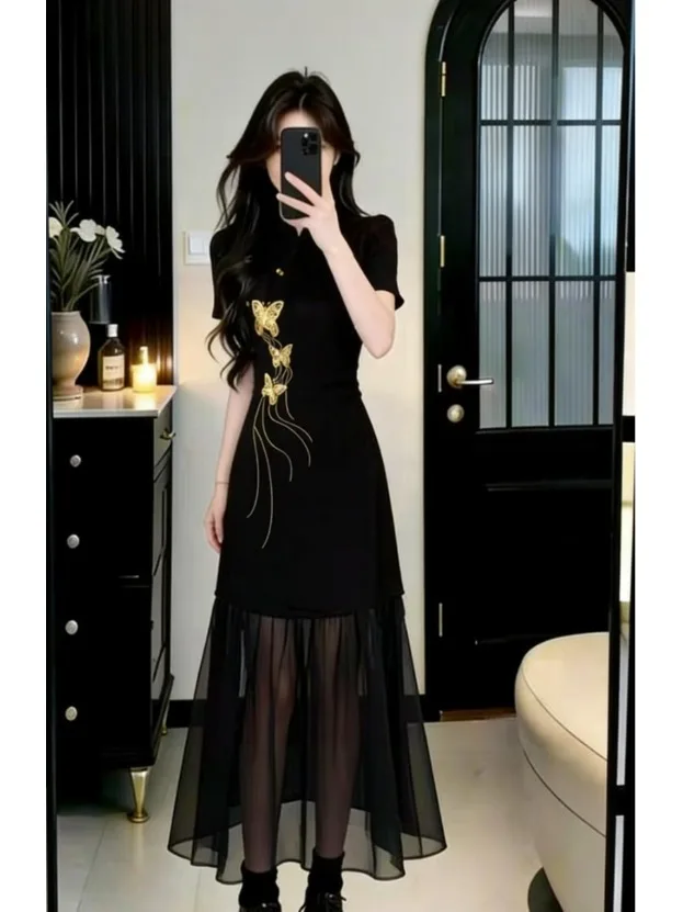 

Retro Style plus Size Summer Embroidery Splice Slimming Chiffon Anti-Aging Dress Women's Mid-Length Skirt