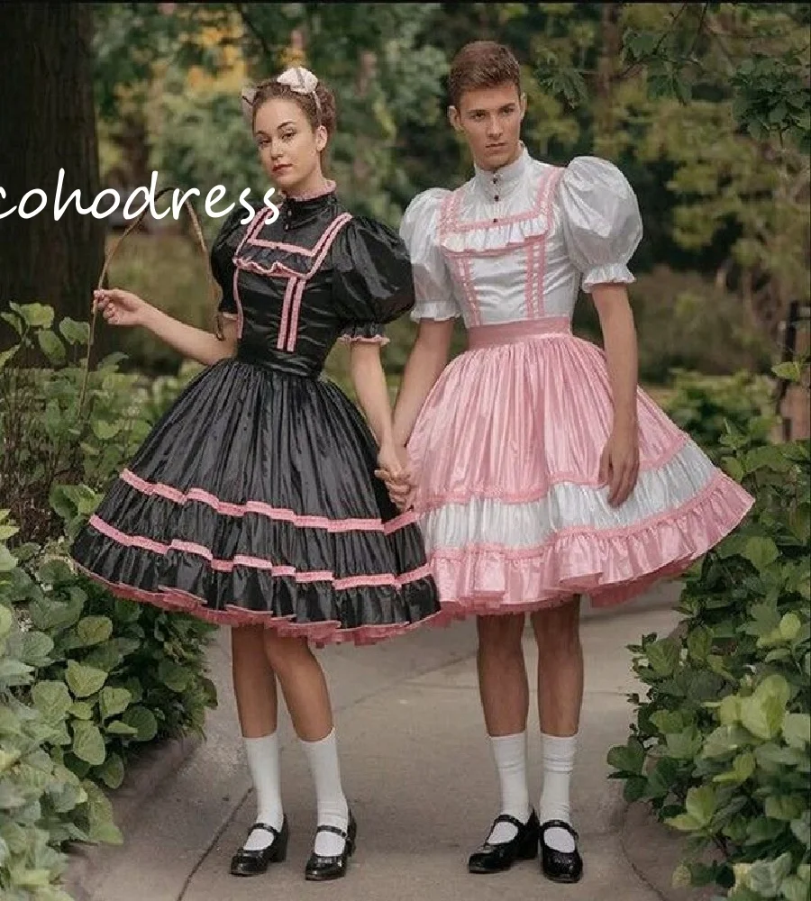 

Steampunk Gothic Cosplay Prom Dress 2025 Black With Pink A Line Knee Length Evening Dress High Neck Maid Party Dress Customized