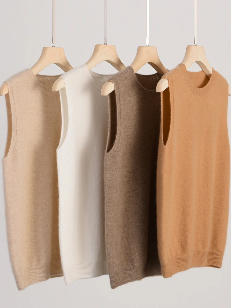 

Autumn Winter O-Neck Vest Women's Sleeveless Pullover Simple Basic Cashmere Sweater 100% Merino Wool Knitwear Soft Waistcoat New