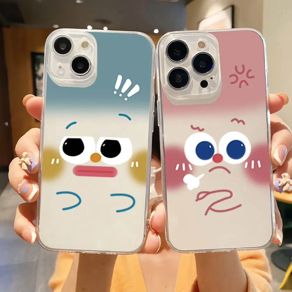 

Cute Couple Face Pink Girl Blue Boy Phone Case for iPhone 11 12 13 14 15 16 Max Pro Plus Transparent Soft Shell
