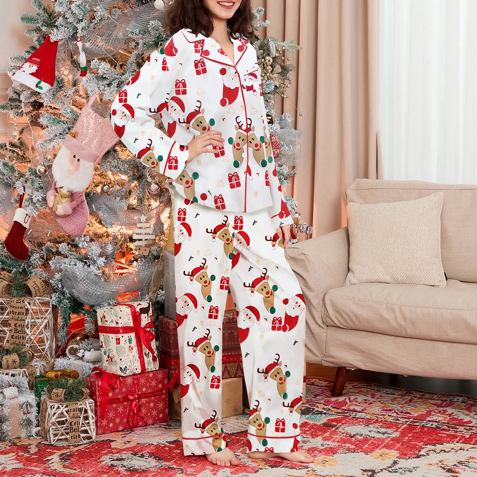 HEZIOWYUN Womens Christmas 2Piece Pajamas Set Santa Claus Elk Print Long Sleeve Lapel Shirt Tops with Pants Sleepwear Loungewear