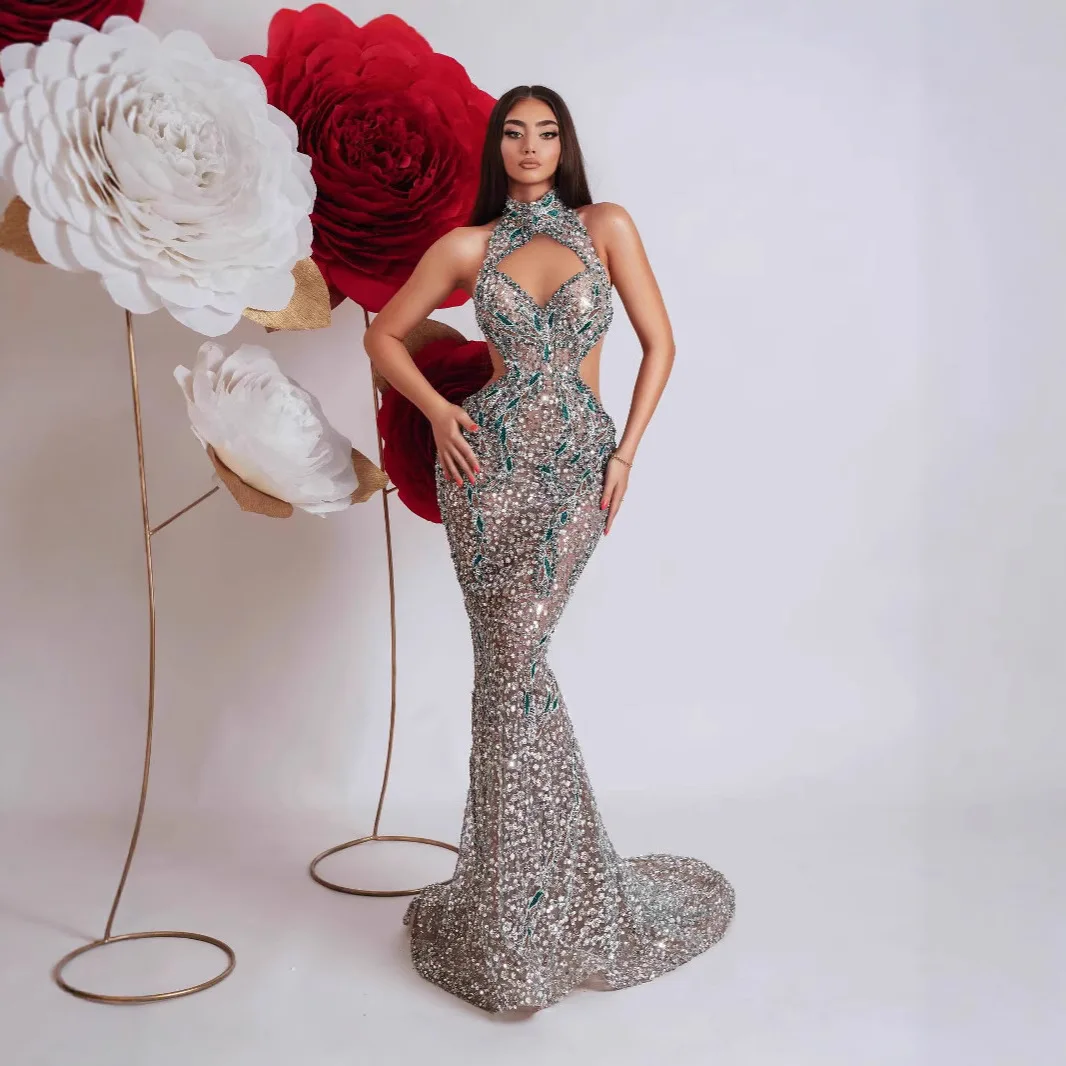 이브닝 드레스 여성 파티 드레스 하이넥 헤비 스팽글 비즈 장식 섹시한 홀 메쉬 바디콘 머메이드 수제