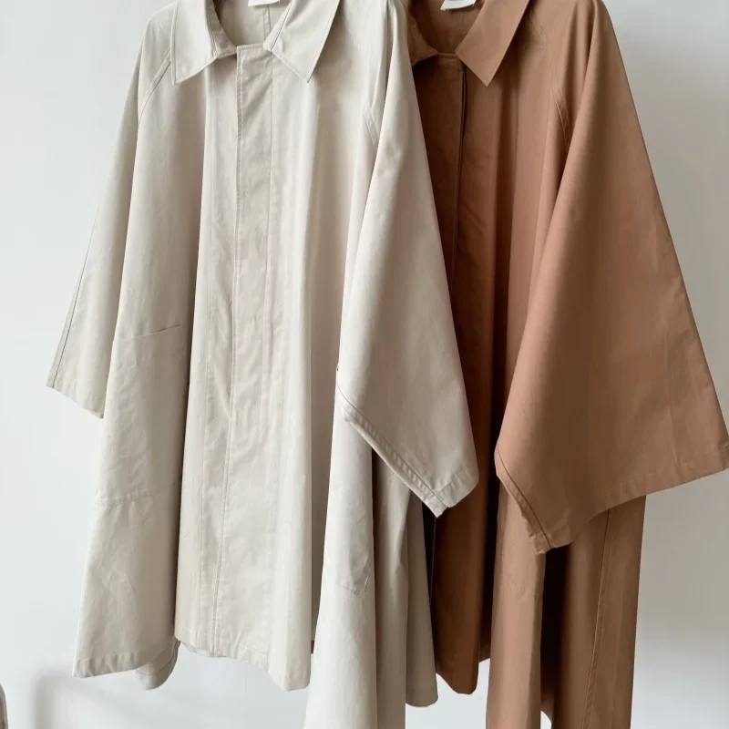 2024 New Early Fall Fashion Washed Cotton Umbrella Shape Wide Sleeve Trench Coat for Women