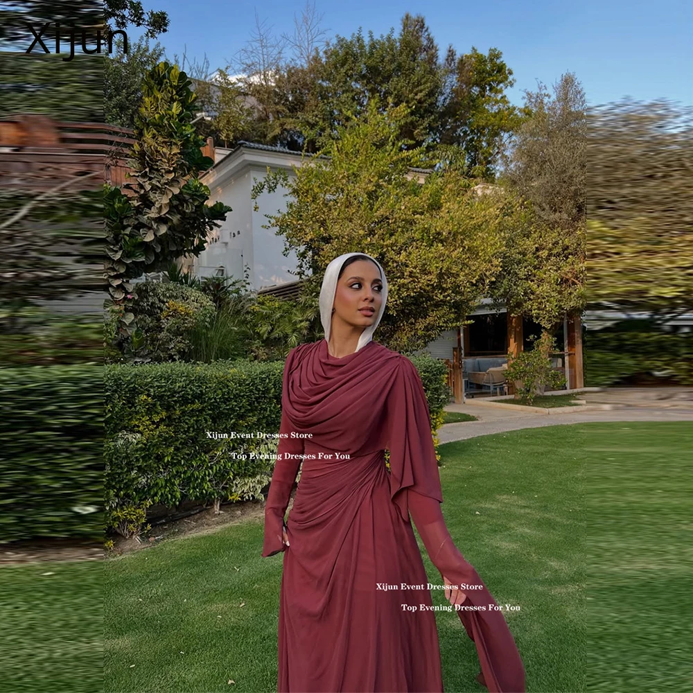 Xijun Modest Burgundy Chiffon Evening Dresses Full Sleeves Pleated Muslim Prom Dresses O-Neck A-Line Prom Gowns Women Customized