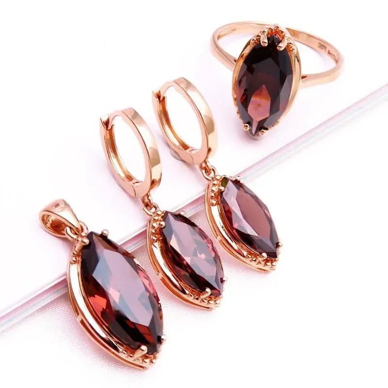 585 Purple Gold 14K Rose Gold Inlaid Marquise-shaped Engagement Jewelry Set Earrings for Women Light Luxury Rings Necklaces