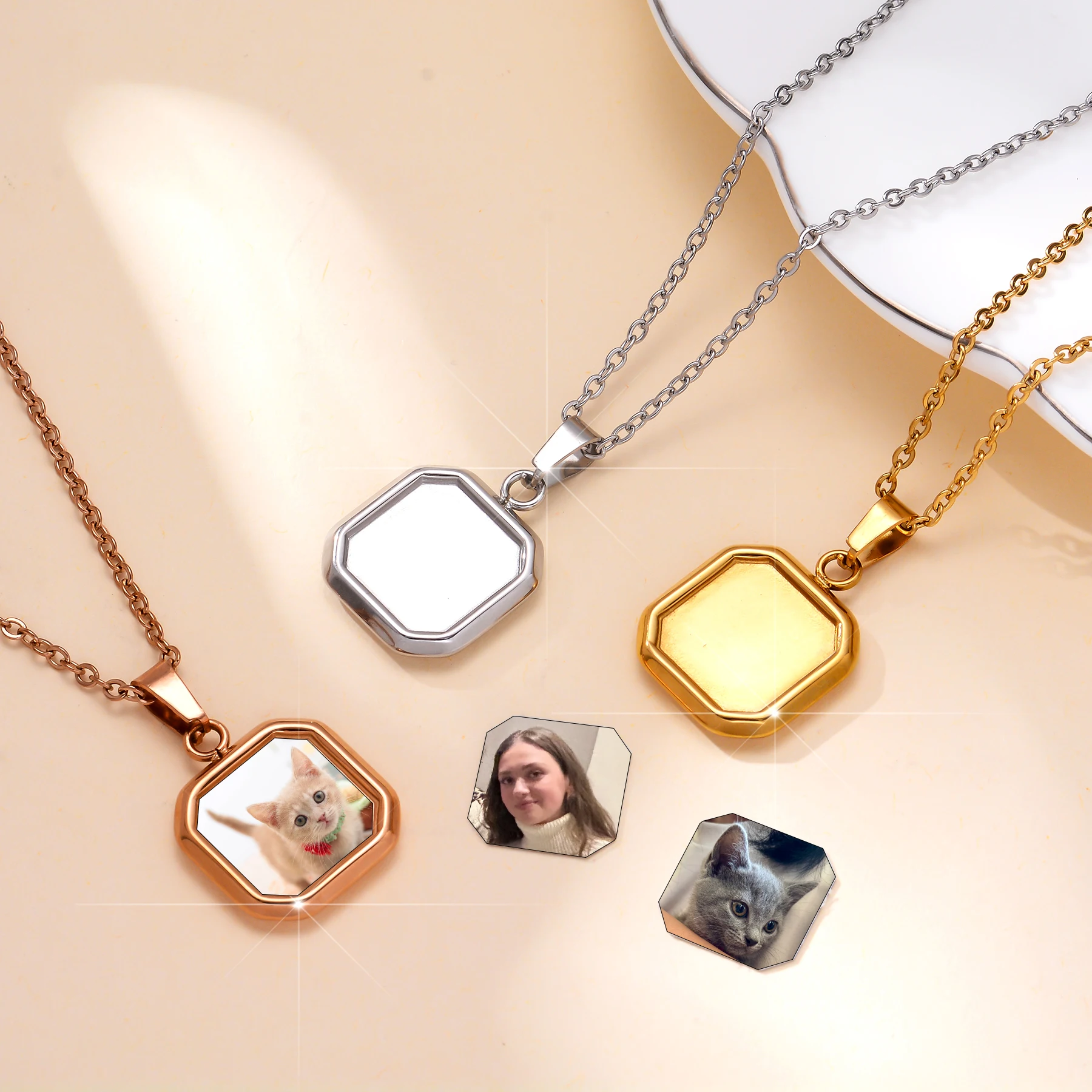 Customized Text & Photo Stainless Steel Square Pendant Necklace For Women Men Personalization Jewelry Gift Dropshipping