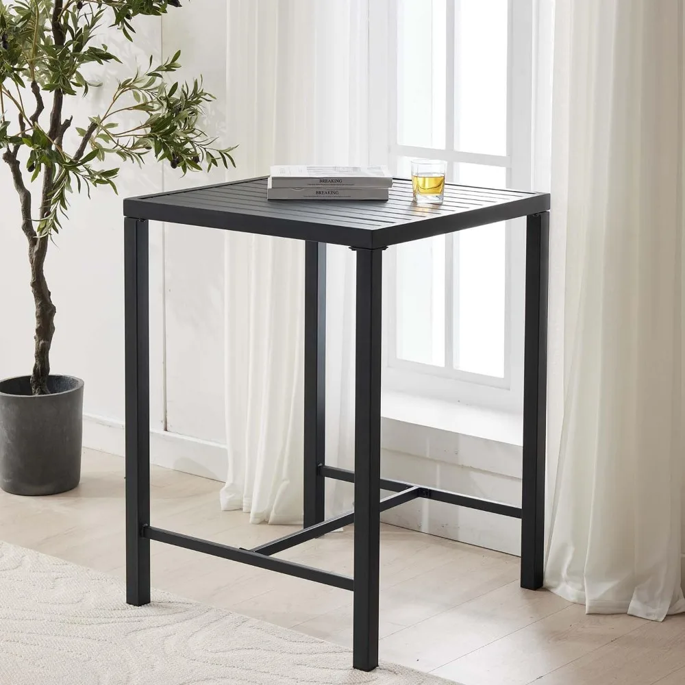 Outdoor Bar Table, 36.5 Height Square Patio Pub Table with Heavy-Duty Metal Frame and Weather-Resistant Slatted Top for Garden,