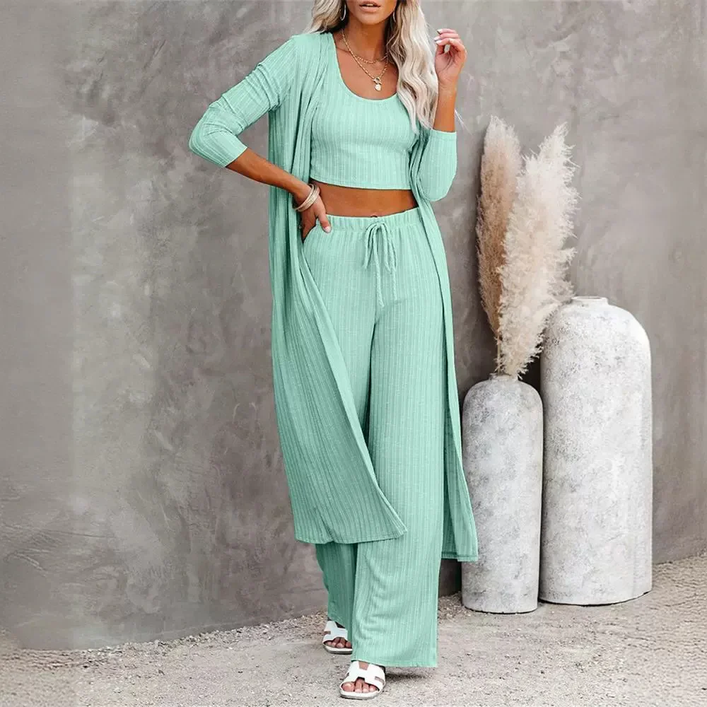 

Fashion Women's Casual Crop Ribbed Tank Top Suit & Drawstring Pants Set with Longline Coat 3PCS Female Elegant Trousers Outfits