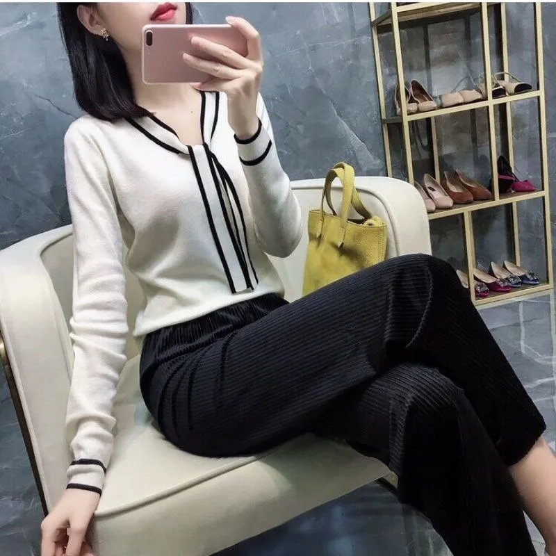 Autumn Winter Casual Bow Tie Knitted Women Sweater Tops Elegant Office Lady Loose Slim V Neck Long Sleeve Warm Solid Pullovers