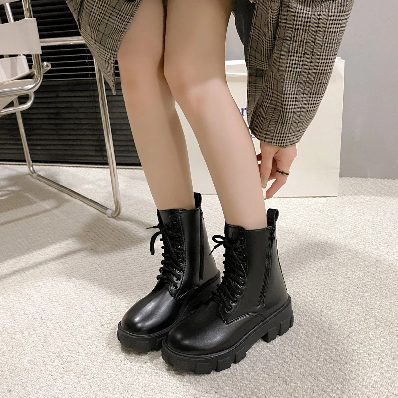 Plus Size 41 42 Women Motorcycle Ankle Boots Wedges Female Lace Up Platforms Black Leather Oxford Shoes Woman 2024 New Boots