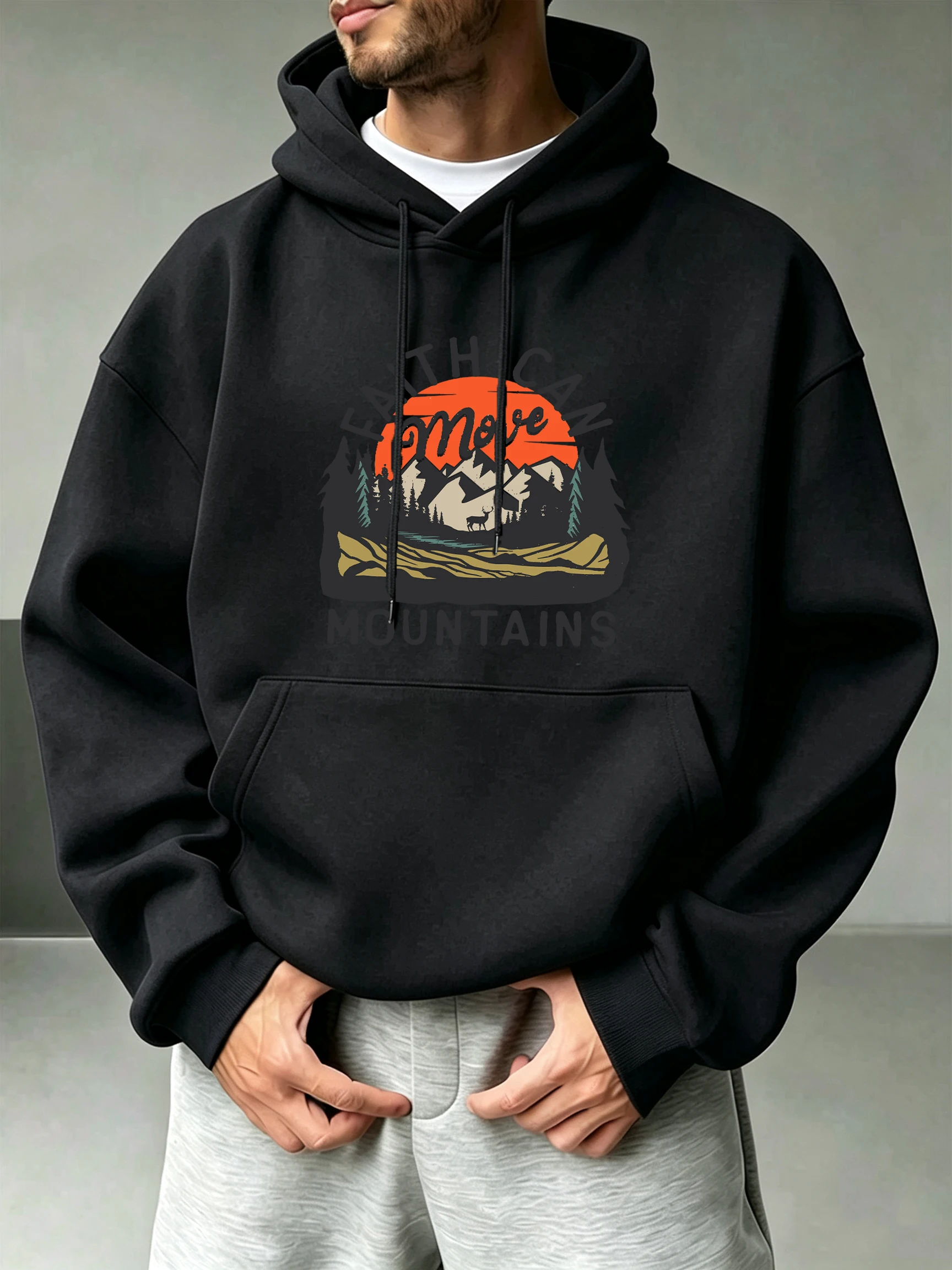 Faith Can Mountains Letter Graphic Pattern Jogging Hoody Men Casual Fleece Pullover Hip Hop O-Neck Long Sleeve Autumn Loose Top