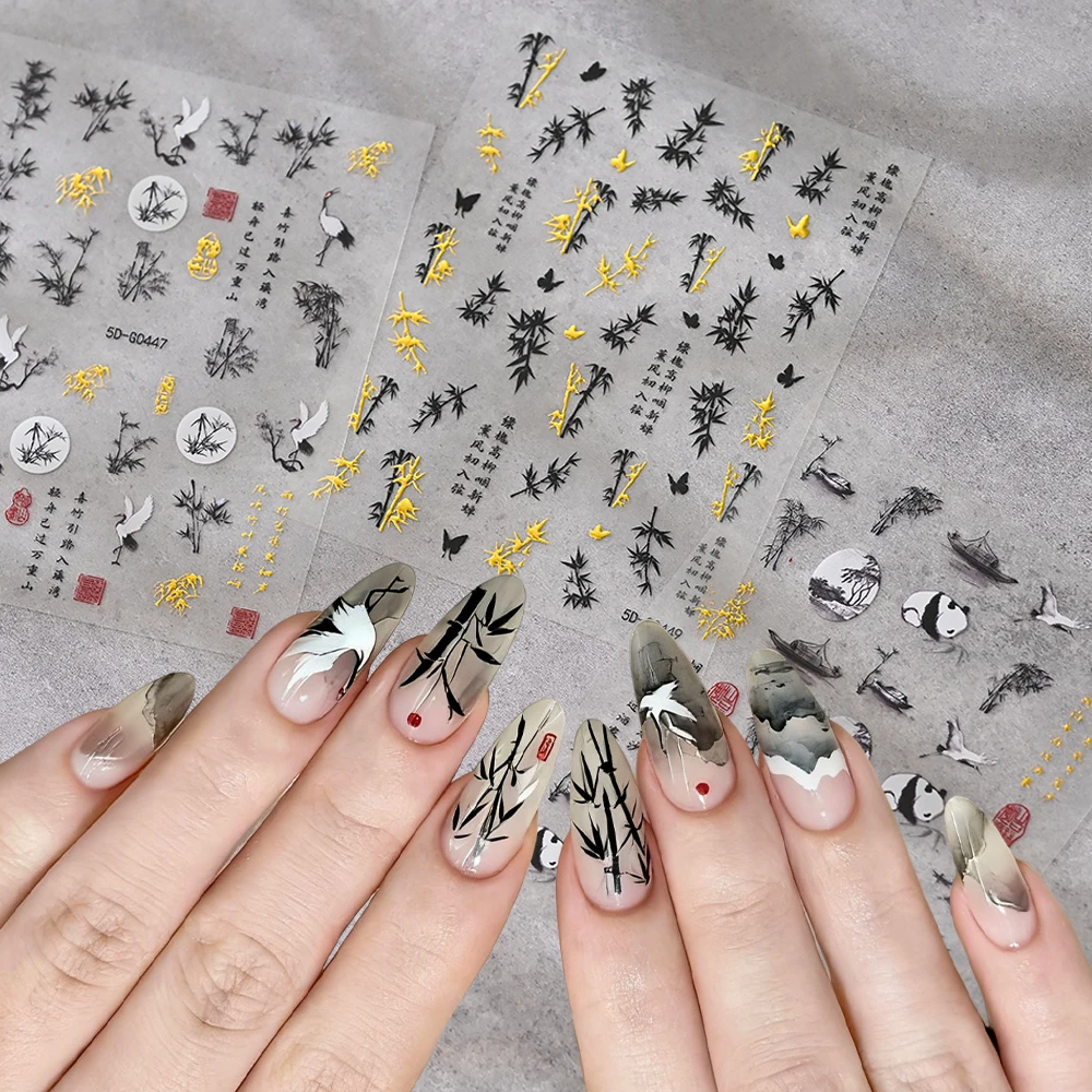 

1PC 5D Chinese Style Ink Paintings Bamboos Flowers Nail Art Sticker Ancient Chinese Character Decals Nail Decoration Accessories