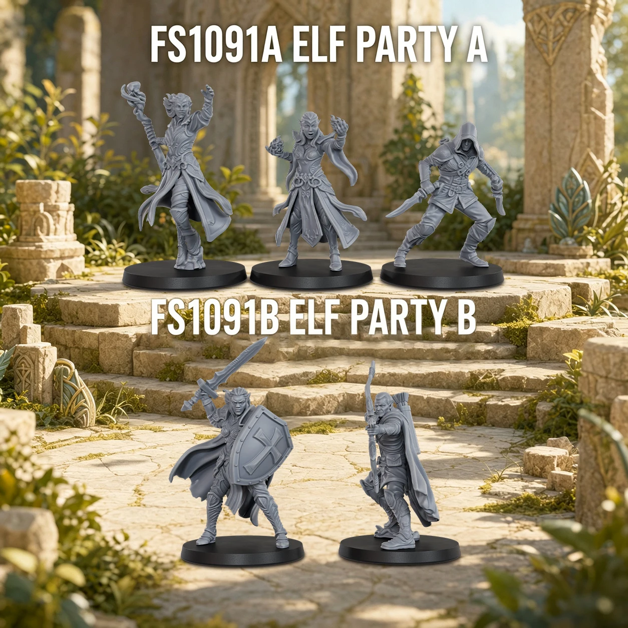 Fantasy Elf Party Miniatures Set 28mm/1:56 Scale, Tabletop RPG Elf Character Figures, Woodland Adventure Heroes Team for RPGs