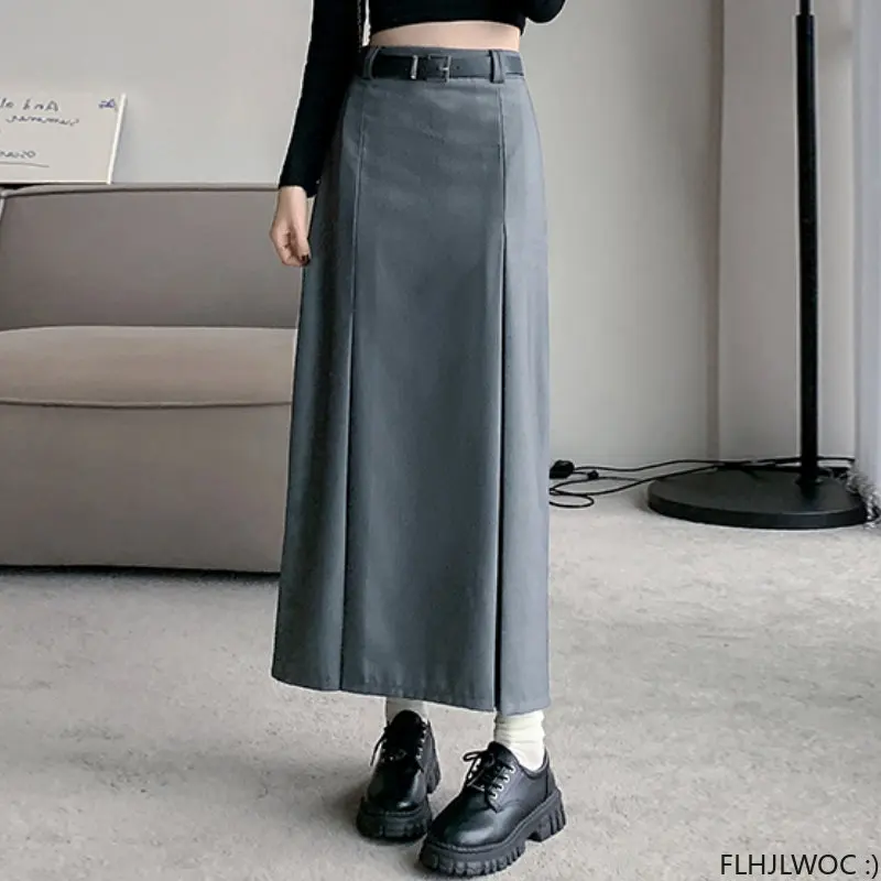 3 Colors Skirt With Belt Hot Sales Women Preppy Style Girls Korean Design Solid Black High Waist Long Skirts