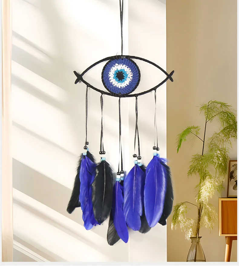 Eye Shape Handmade Woven Dreamcatcher, Feather Beaded Wall Hanging Ornament, Boho Wall Decor for Living Room Home Decoration.