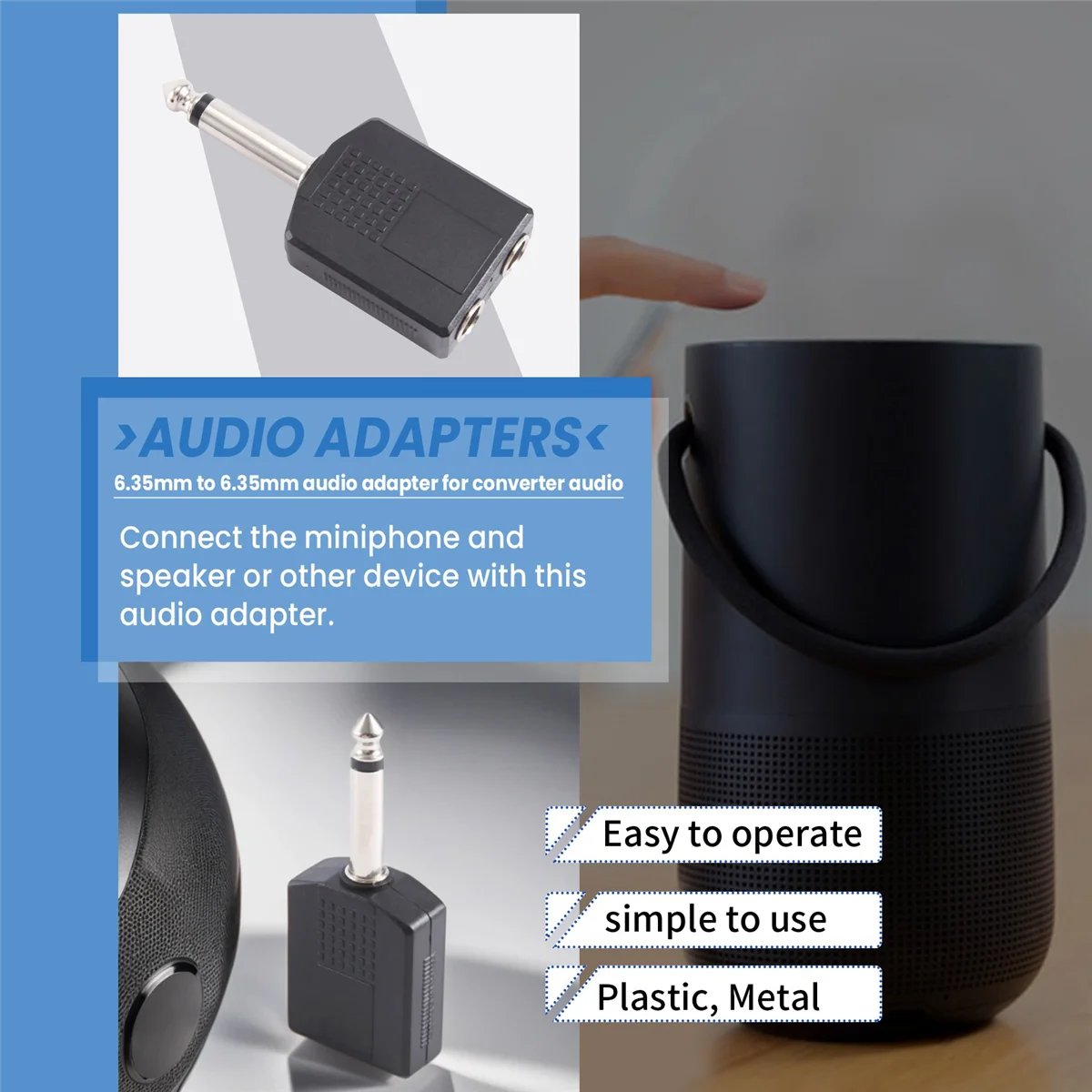 Schwarzer 6,35 mm 1/4 Zoll Stecker auf Dual-Buchse, Mono-Y-Kabel, PA-Audiokabel-Adapter für professionelle Klanggeräte