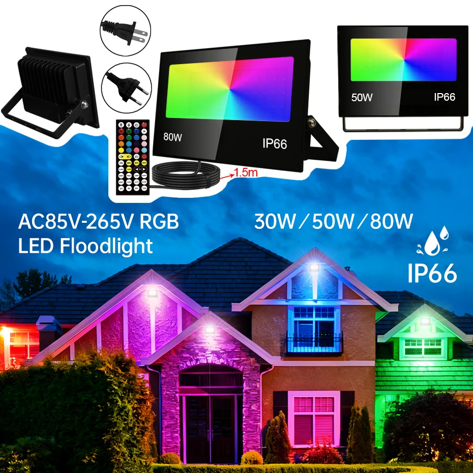 

Светодиодный RGB прожектор 110В/220В для улицы, 30Вт/50Вт/80Вт, с пультом ДУ, вилки EU/US/AU/UK, для садового освещения
