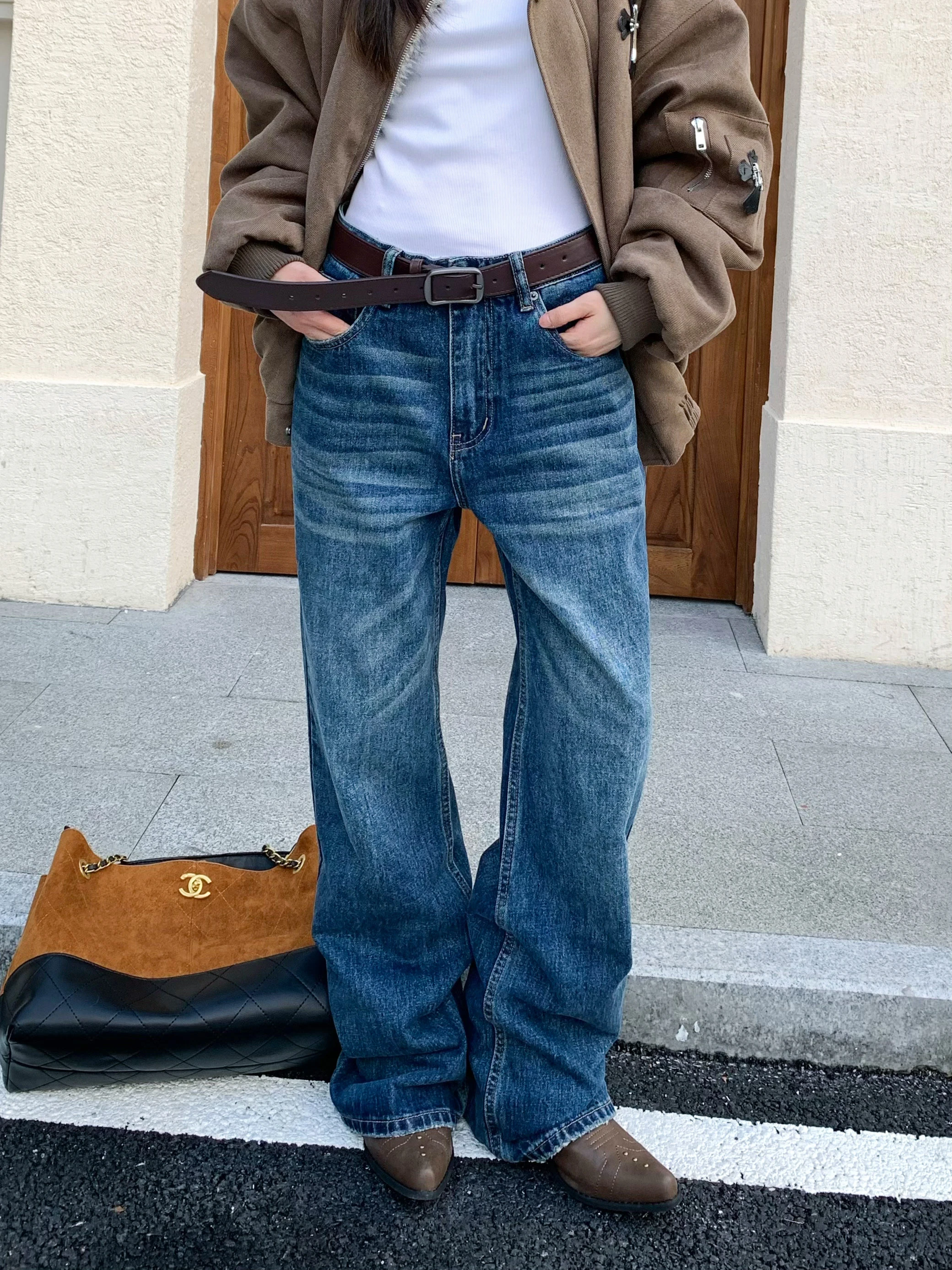 

Американские свободные джинсы с широкими штанинами для женщин, зимние, утягивающие, универсальные, повседневные, прямого кроя, с высокой талией