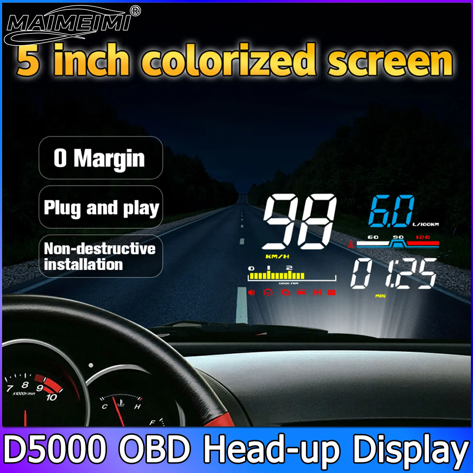 Car Head Up Display D5000 OBD2 Diagnostic Tool HUD Digital Security Alarm Speedometer Windshield Screen Projector Tachometer