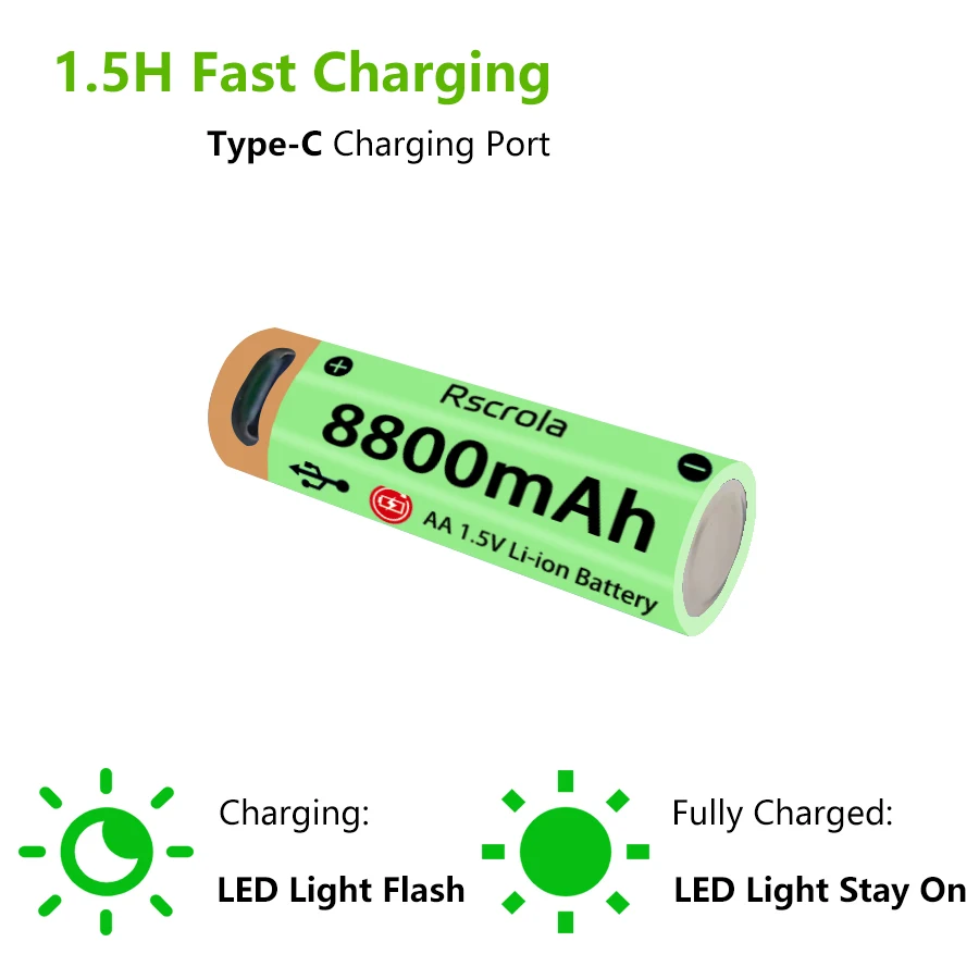 Upgraded Long-Lasting AA Li-ion Battery Type-C Large Capacity Rechargeable Battery 1.5H Fast Charge Over 1500 Cycle Battery Life