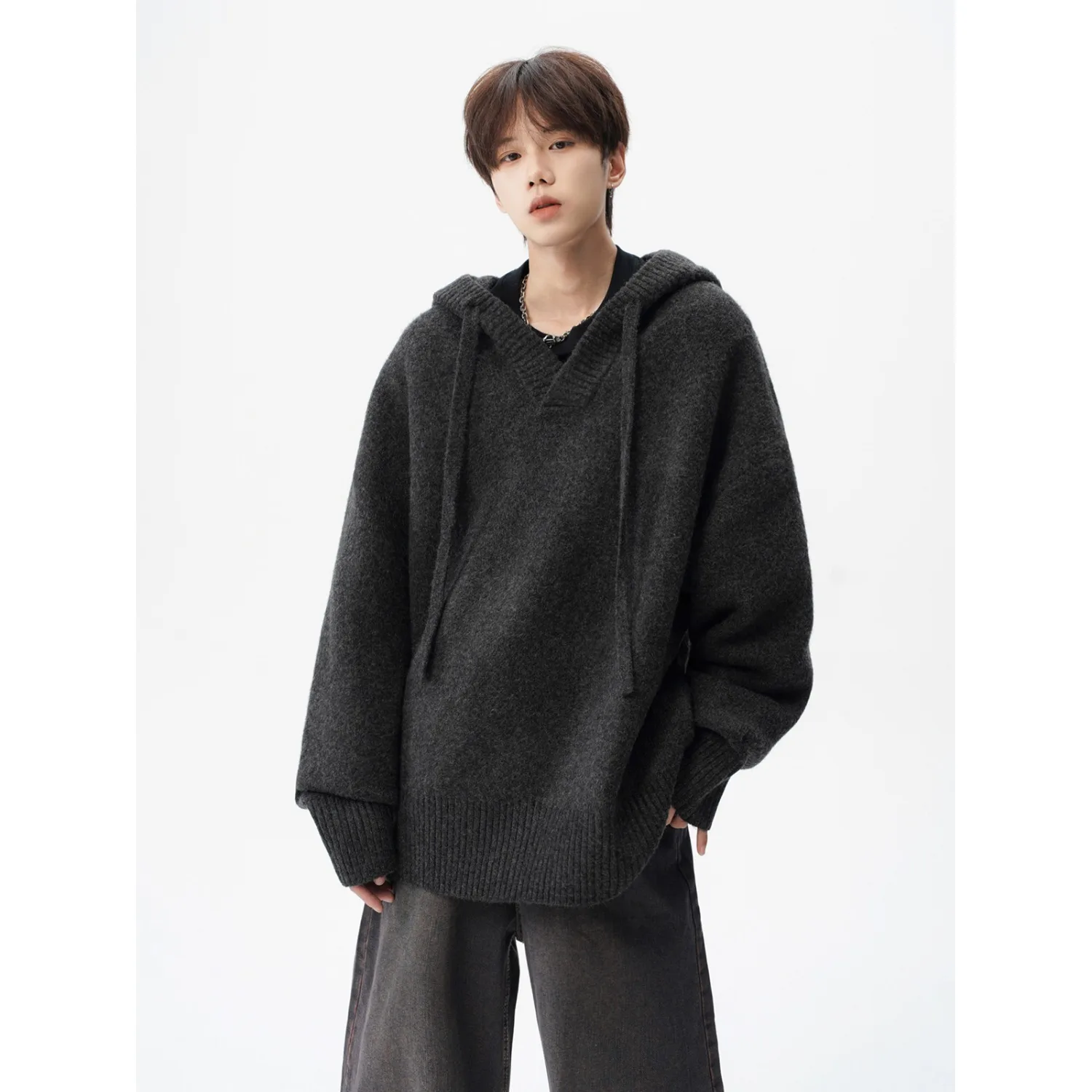 Unisex Knitting Hoodies 2025 Autumn New Streetwear Hooded Knit Jacket Heather Gray Unisex Couples Lazy Style Versatile Sweater