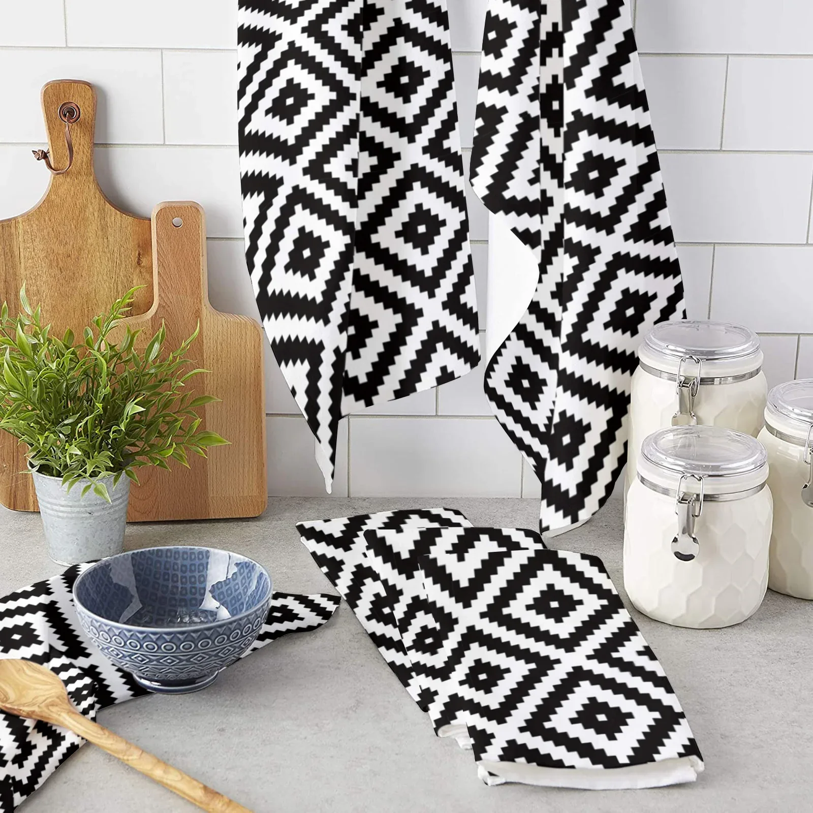 Black White Irregular Geometry Kitchen Towel Set Cleaning Cloth Kitchen Accessories Dish Washing Cloth Household Decoracion