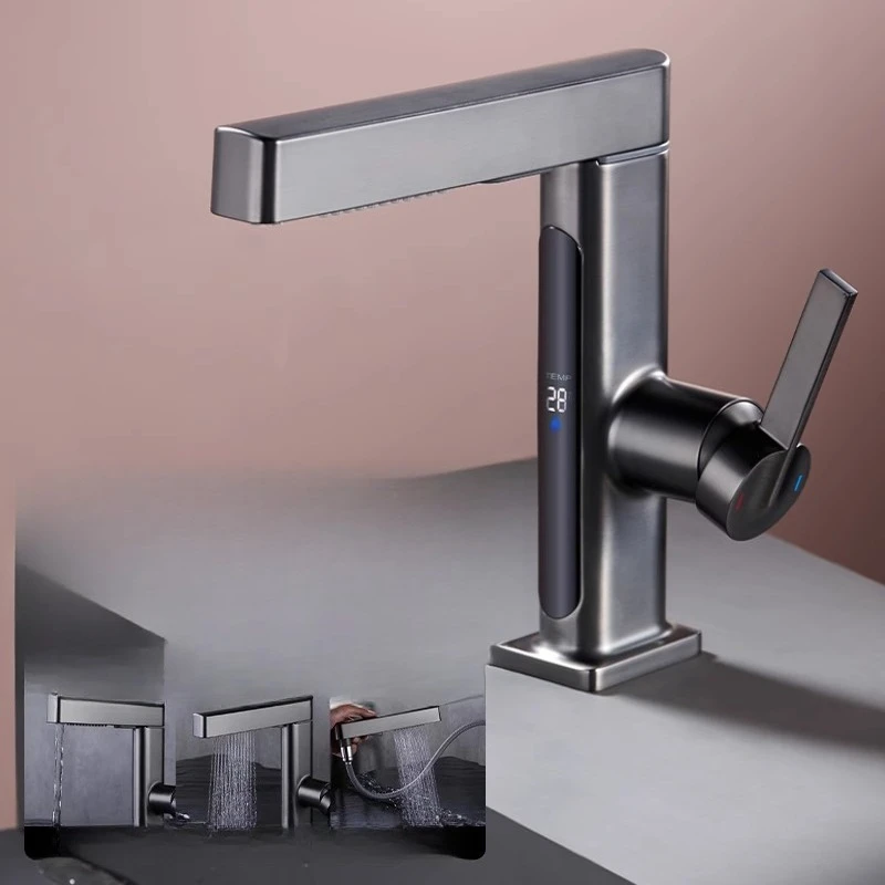 

Hot and Cold Faucet Gun Gray Washbasin Bathroom Cabinet Household Bathroom Single Hole Pull-out Faucet Digital Display