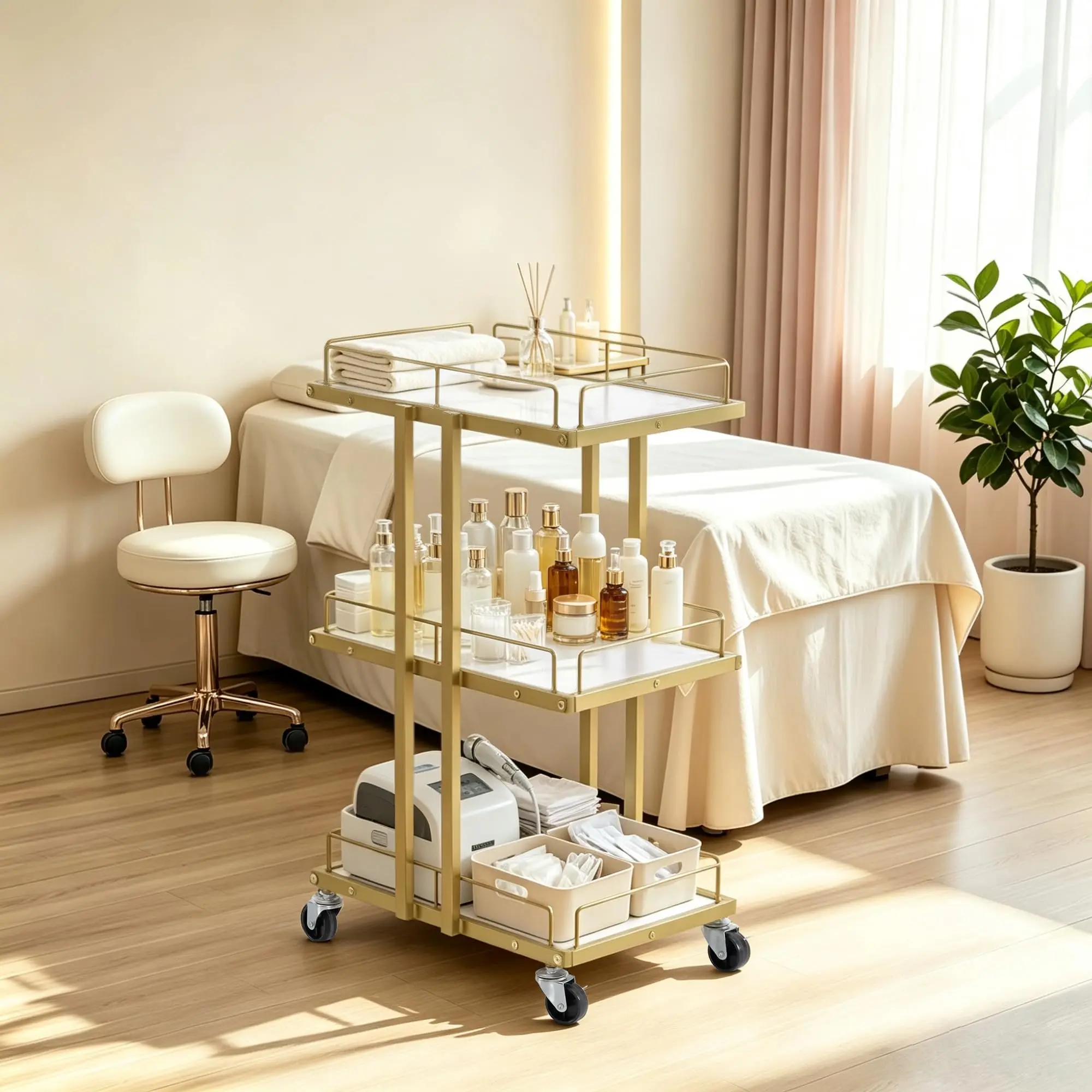 Salon Trolley Cart, Marble Panel 3-Tier Rolling Storage 2061