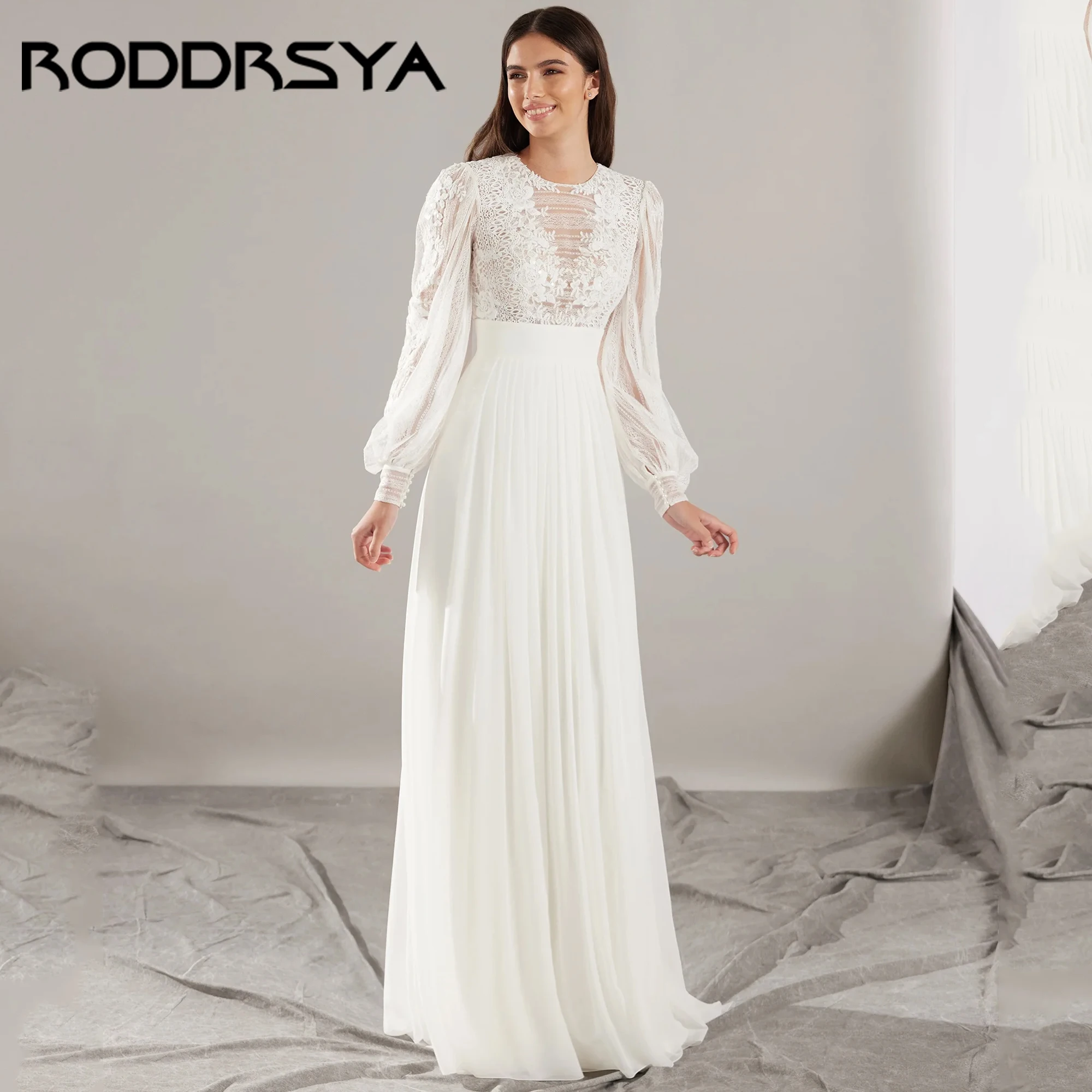 A-lijn O-hals Chiffon Trouwjurken Voor Vrouw Lange Mouwen Knop Sexy Applicaties Bruidsjurk Vestidos De Novia 2025, Aangepast A-lijn O-hals Chiffon trouwjurken voor vrouw lange mouwen knop sexy applicaties bruidsjurk Ve