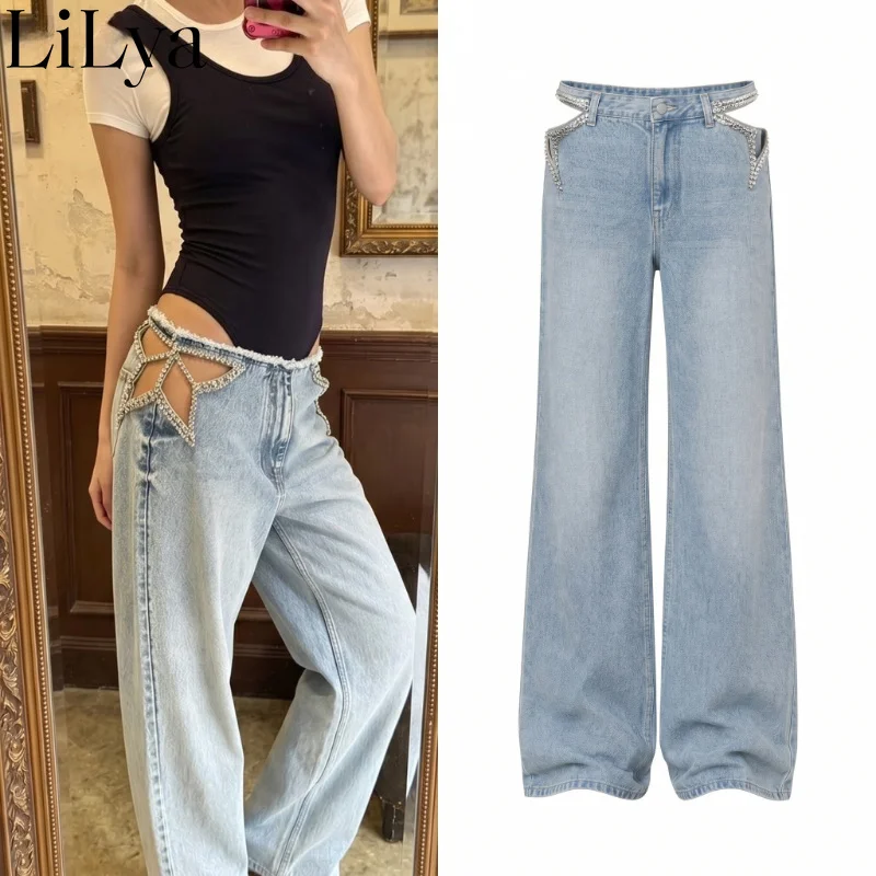 Fashion Star Hollow Low Waist Jeans Tall Girl ICON Glitter Diamond Loose Fit Wide Denim Leg Pants New in Hot Women Streetwear