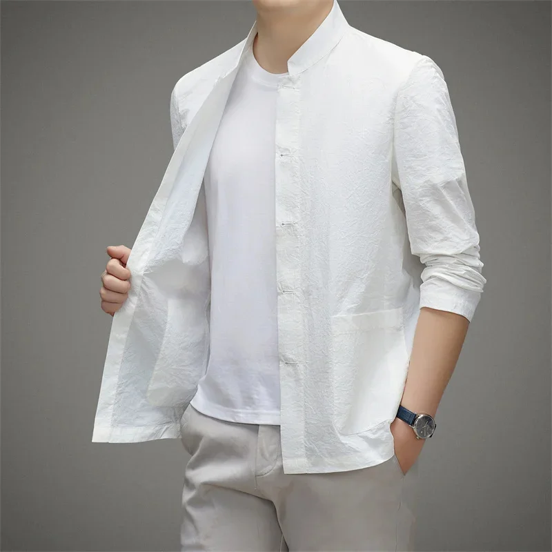 Silk Ice Sun-Protective Clothing Men's Shirt Summer Stand Collar Slightly Wrinkled Casual Breathable Thin Jacket for Men