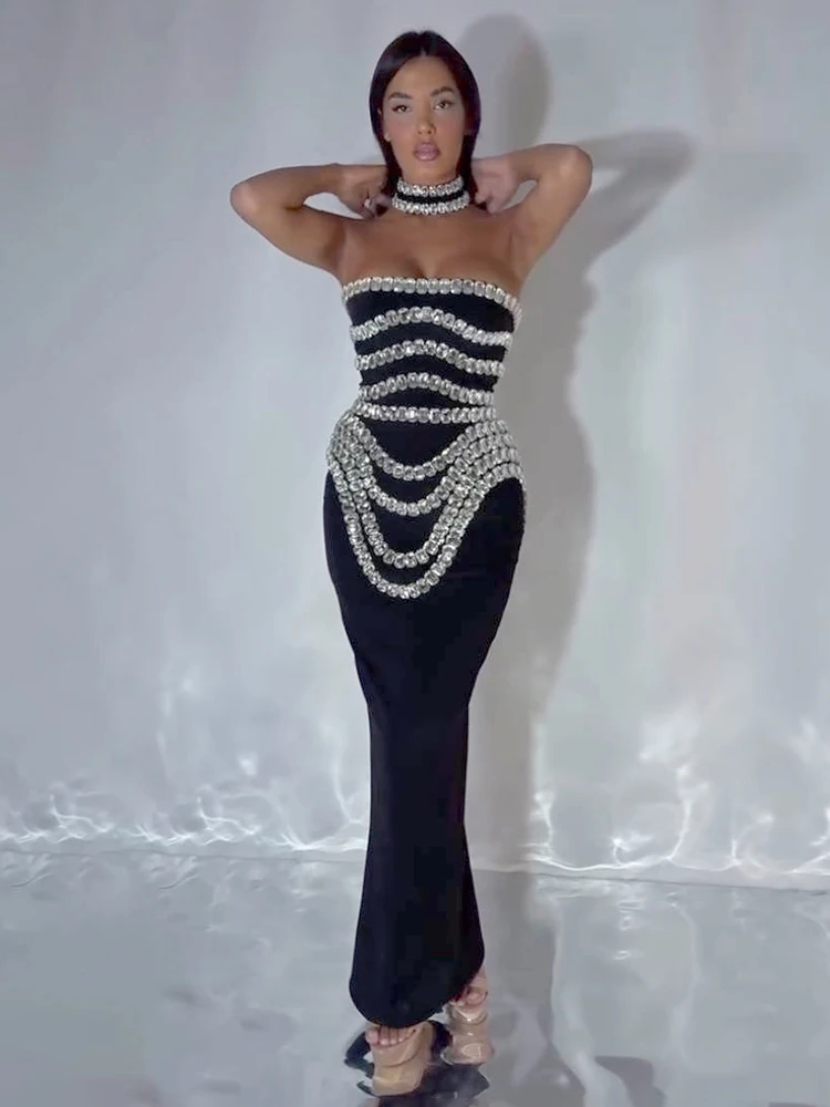 Party Abendkleider Schwarz Trägerloses Langes Kleid Diamanten Verziert Bodycon Verband Prom Promi Dropshipping
