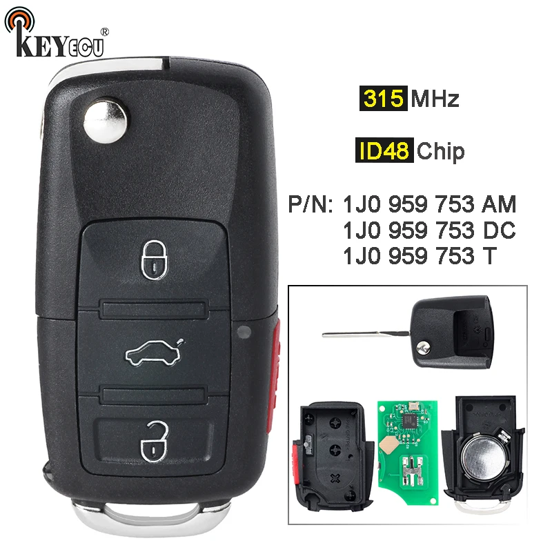 KEYECU 315MHz ID48 Chip P/N: 1J0 959 753 DC, 1J0 959 753 AM, 1J0 959 753 T Flip Remote Key Fob for Volkswagen Golf Jetta Beetle