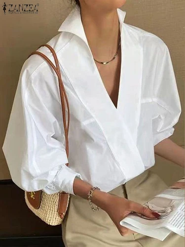 Imagen 2 del producto ZANZEA-Blusa de manga abombada para mujer, camisa elegante y Sexy con cuello en V profundo, con solapa, color blanco, para oficina, Primavera, 2024