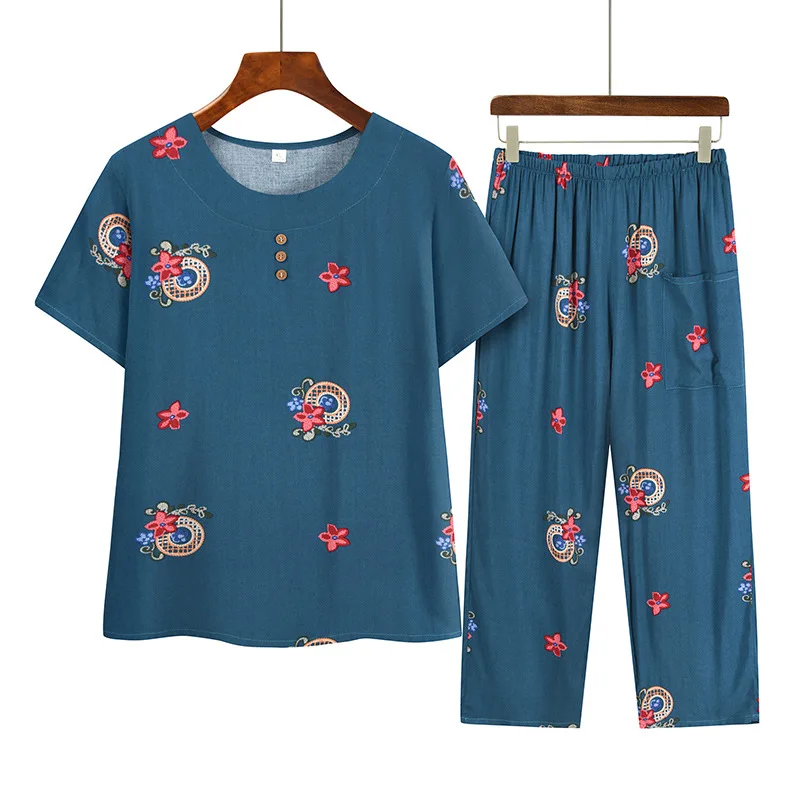 Middle Aged Mother Pajama Set For Women Pijama Feminino Plus Size Homewear Printing Short Sleeve Sleepwear Pyjama Pour Femme