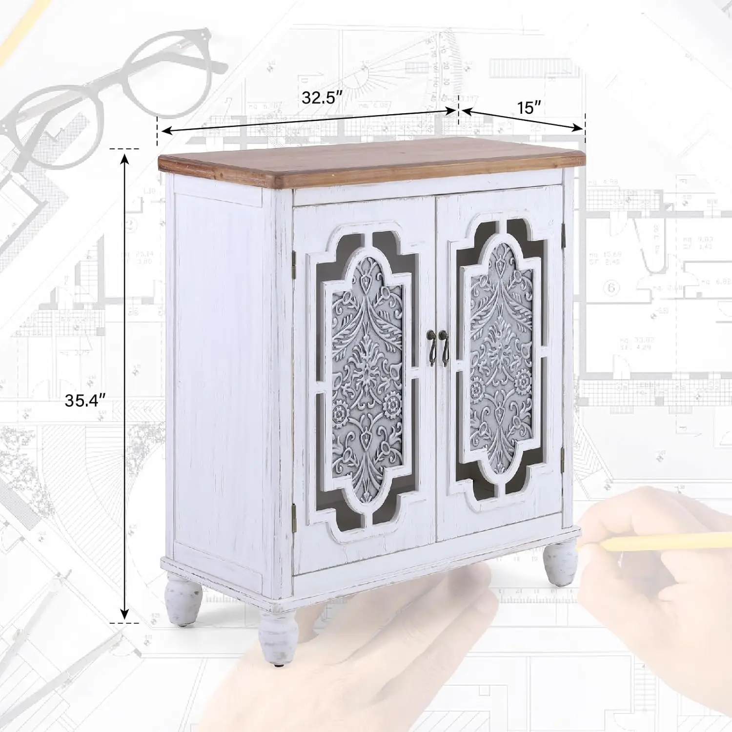 White Accent Cabinet with 2 Doors, Metal Embossing Pattern Farmhouse Decorative Storage Cabinet with Solid Wood Legs